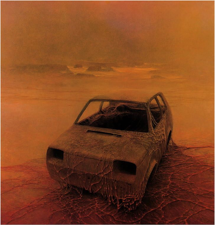 Zdzisław Beksiński, Artwork, Dark, Scary, Wasted Car, HD wallpaper