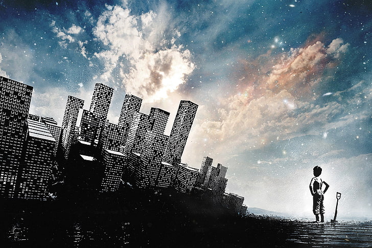 boy facing high-rise buildings wallpaper, the sky, clouds, the city, HD wallpaper