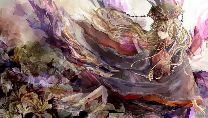 touhou, junko, artwork, majestic, Anime, multi colored, backgrounds, HD wallpaper