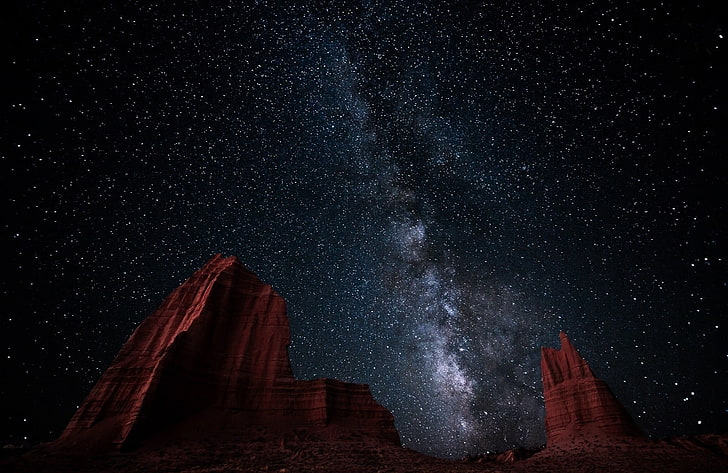 milky way galaxy, landscape, nature, starry night, desert, erosion, HD wallpaper