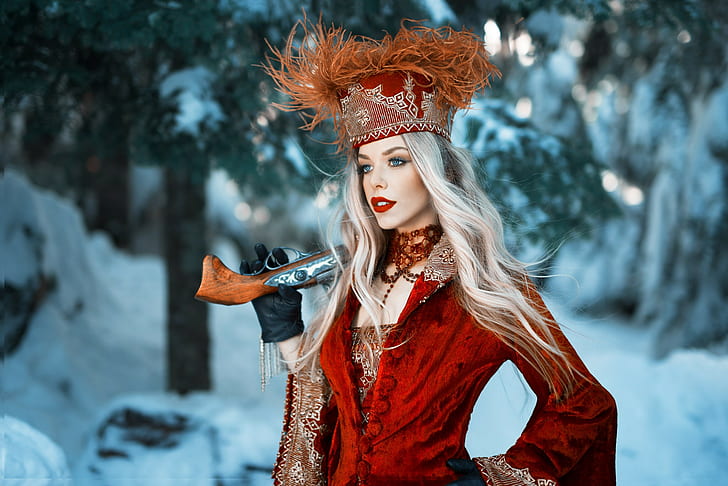 Kyle Cong, fantasy girl, winter, snow, gun, hat, long hair