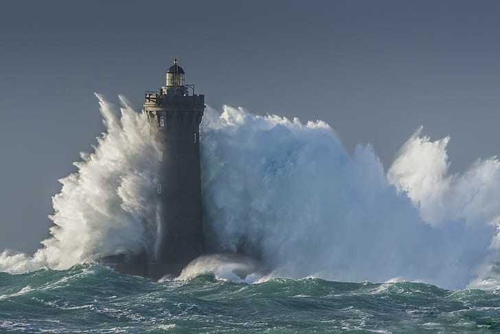 lighthouse, waves, water