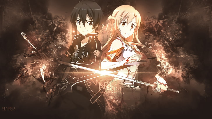 two male and female anime characters wallpaper, sword, Sword Art Online