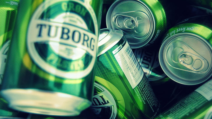 green Tuborg labeled can lot, beer, Danish, alcohol, green color