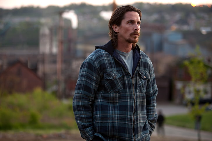 men's blue and green plaid zip-up jacket, christian bale, man