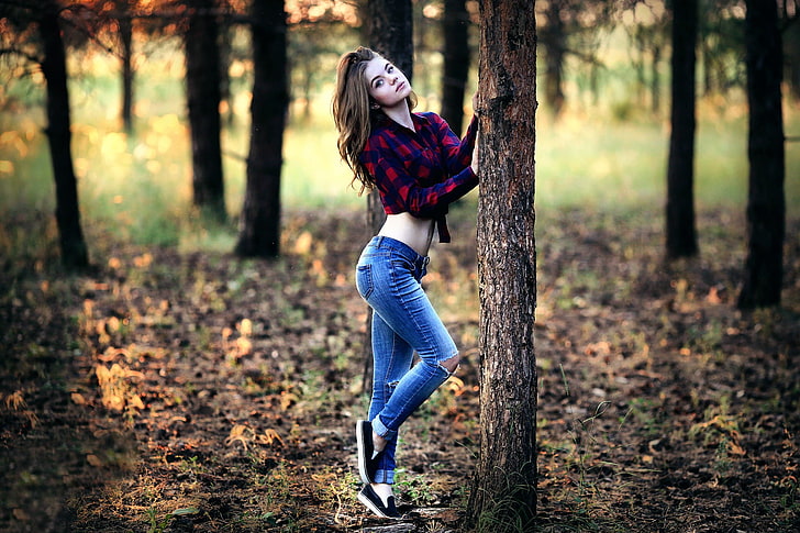 forest, model, women, shirt, torn jeans, tree, land, one person