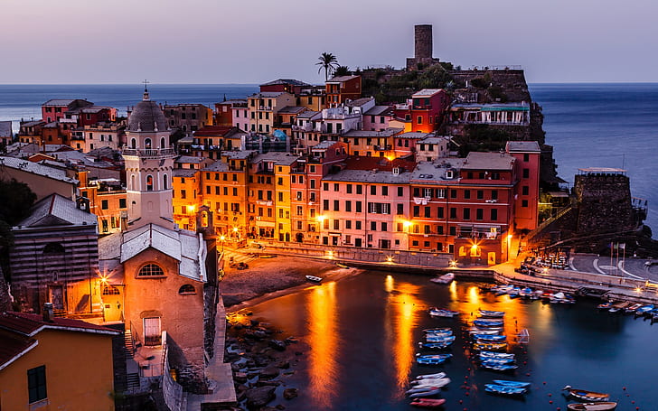 Vernazza, Italy, Cinque Terre, boats, buildings, night, HD wallpaper