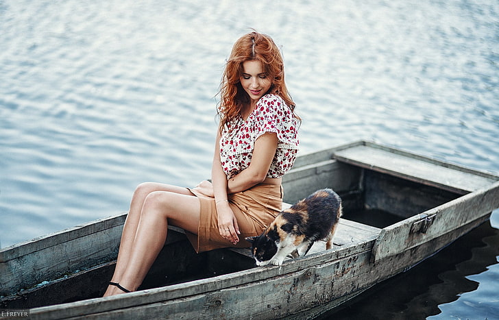 Evgeny Freyer, women, long hair, model, redhead, skirt, cat, HD wallpaper