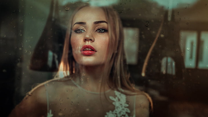 women, face, portrait, red lipstick, water on glass, looking away