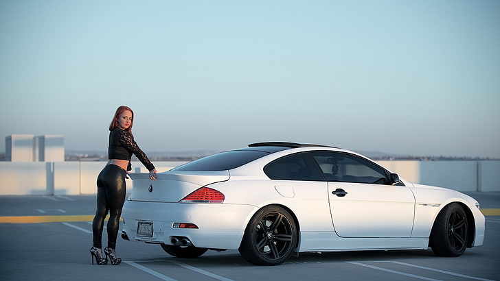 white coupe, women with cars, leggings, pumps, motor vehicle