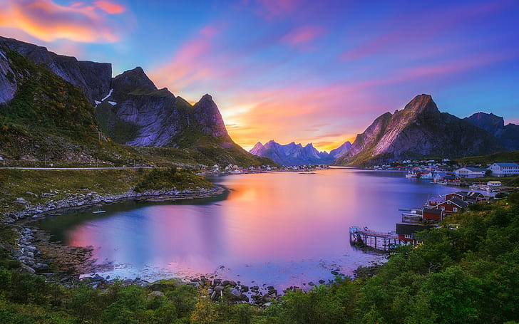 Reine, Nordland, Lofoten archipelago, Norway, village, bay, mountains, sunset