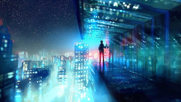 person standing on building overlooking high-rise buildings at nighttime animation wallpaper, man in shade during nighttime