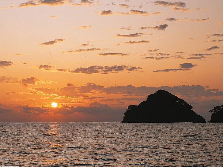 coast, sunset, sea, island, silhouette, sky, water, beauty in nature, HD wallpaper