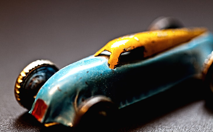Old Toy Car, blue and yellow die-cast metal car, Vintage, Background, HD wallpaper