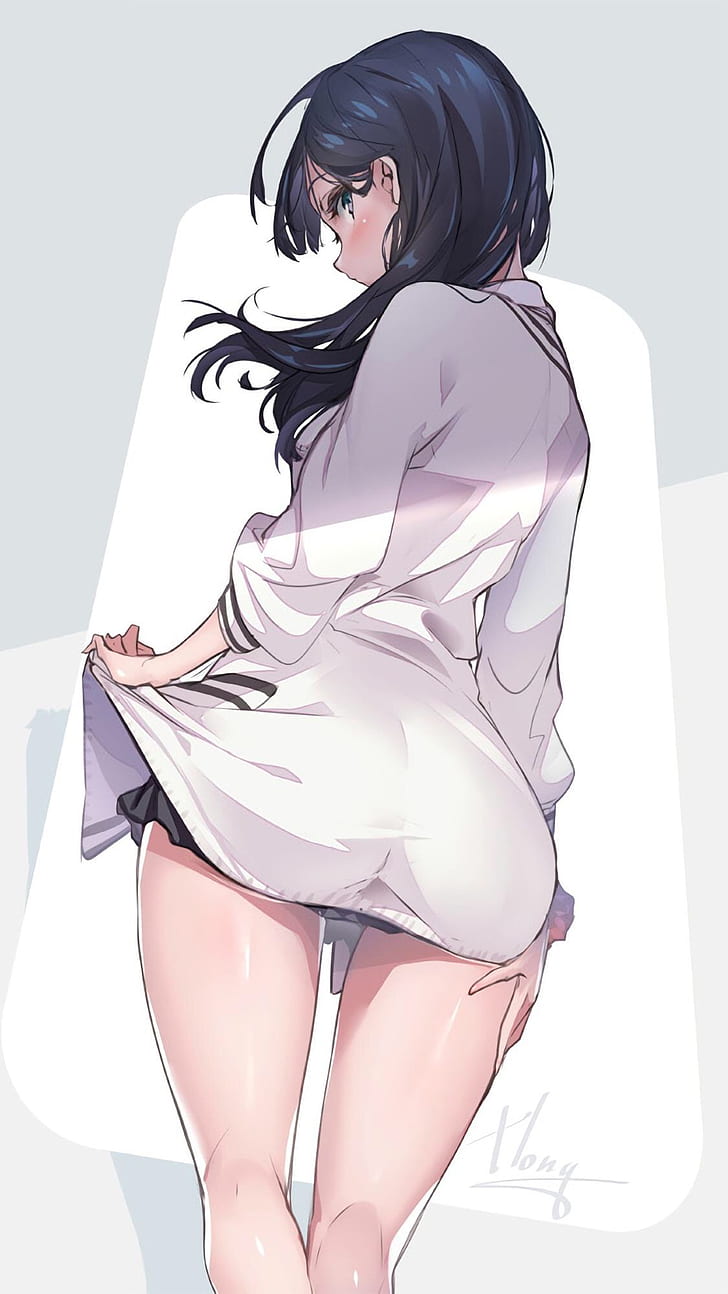 anime girls, back, shirt, ass, dark hair, the gap, Takarada Rikka