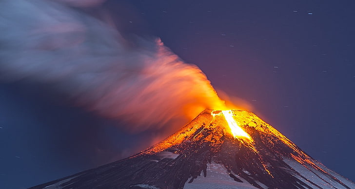 volcano, lava, nature, starry night, smoke, snowy peak, Chile, HD wallpaper