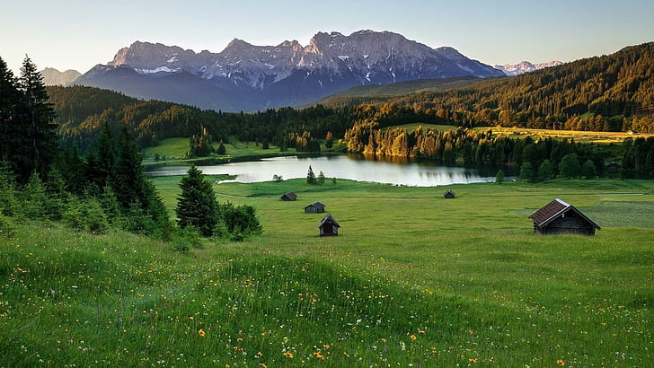 Meadow Lake In The Alps, cabins, lakes, mountains, nature and landscapes