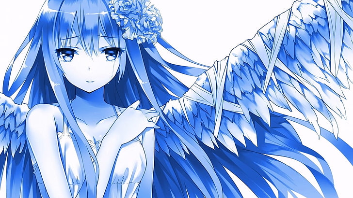 HD wallpaper: anime, anime girls, wings, long hair, blue hair, blue eyes |  Wallpaper Flare