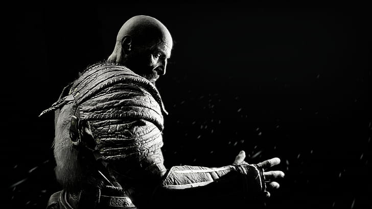 kratos, god of war 4, games, ps games, hd, 4k, 2018 games, monochrome