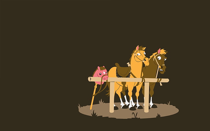 two brown horse digital wallpaper, humor, minimalism, brown background