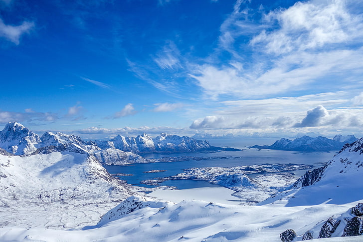 landscape, water, mountains, snow, winter, cold temperature