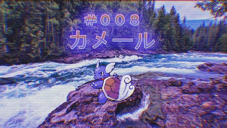 Pokémon, Wartortle, vaporwave, Kameeru, river, landscape, nature