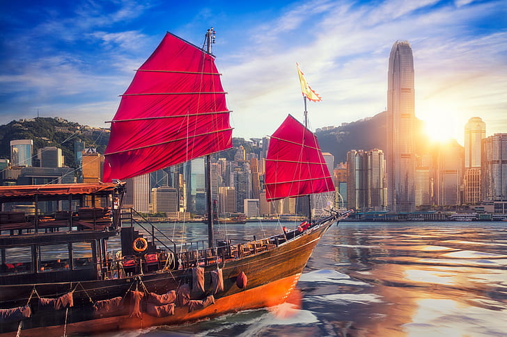 China, ship, building, Hong Kong, skyscrapers, harbour, junk, HD wallpaper