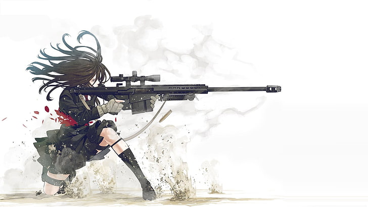 black gun illustration, anime, weapon, anime girls, white background