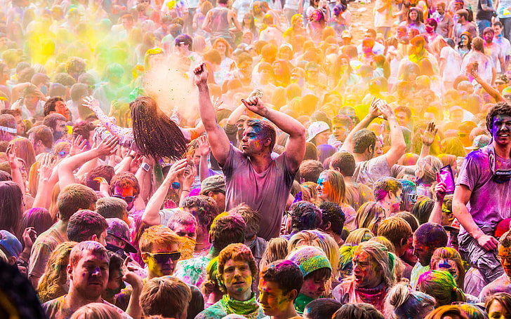 group of people with painted tops, holiday, festival of colors, HD wallpaper