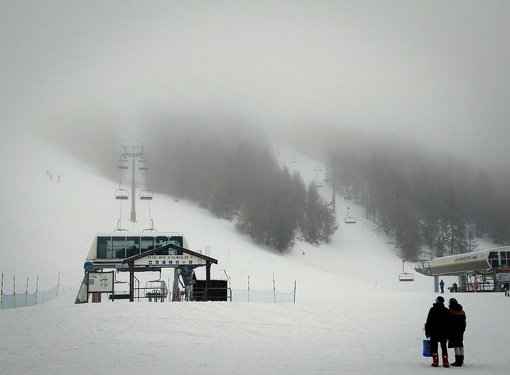 skis, clouds, mist, winter, snow, HD wallpaper
