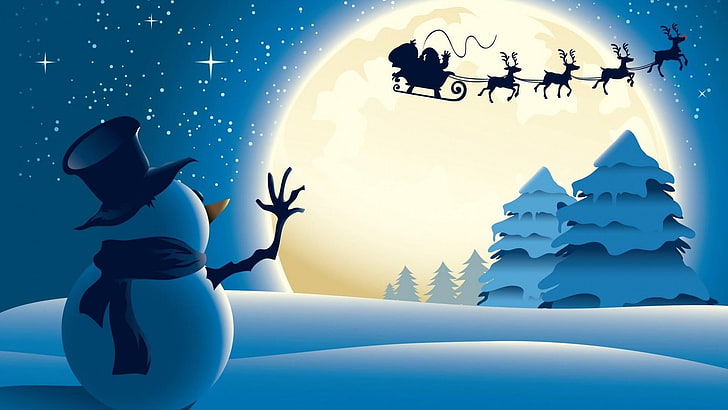 blue, sky, cartoon, snowman, moonlight, illustration, graphics, HD wallpaper