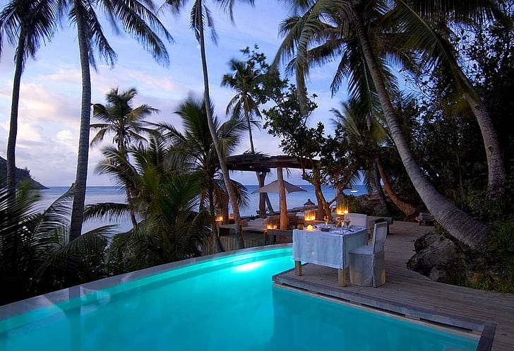 Dream lit Pool at Night, island, lights, evening, exotic, islands, HD wallpaper