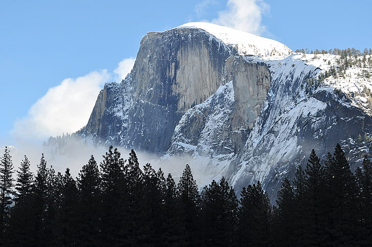 mountains, snow, winter, trees, Yosemite National Park, nature, HD wallpaper