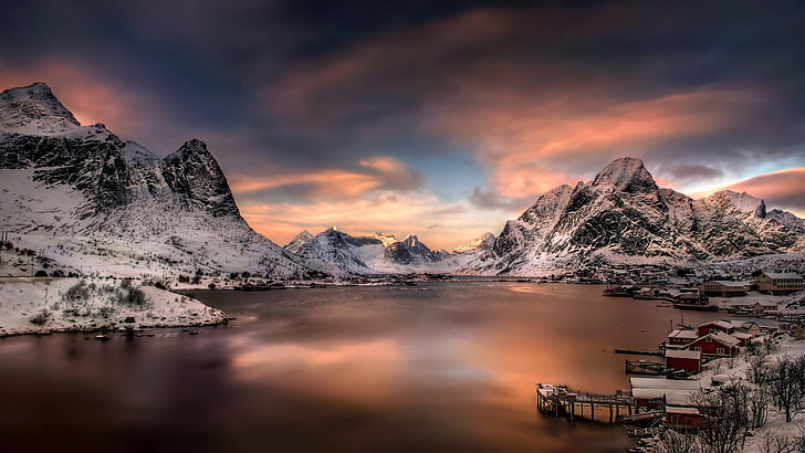 Norway, Reine, Lofoten Islands, clouds, sunset, mountains, beauty in nature