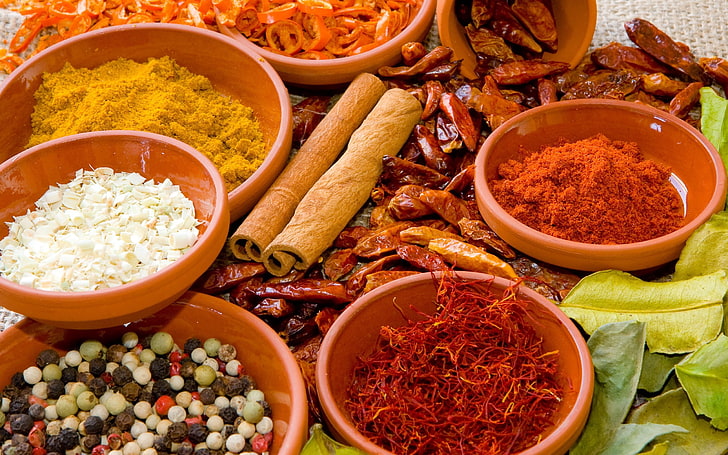 assorted-spice lot, spices, sprinkles, vegetables, dishes, food, HD wallpaper