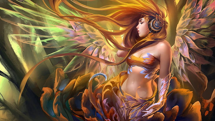Long hair fantasy girl listening to music, angel wings