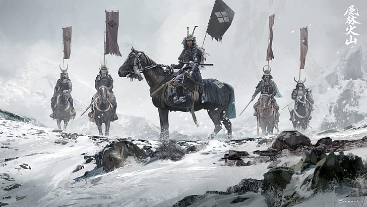 winter, snow, Asia, Japan, warriors, riders, banners, samurai