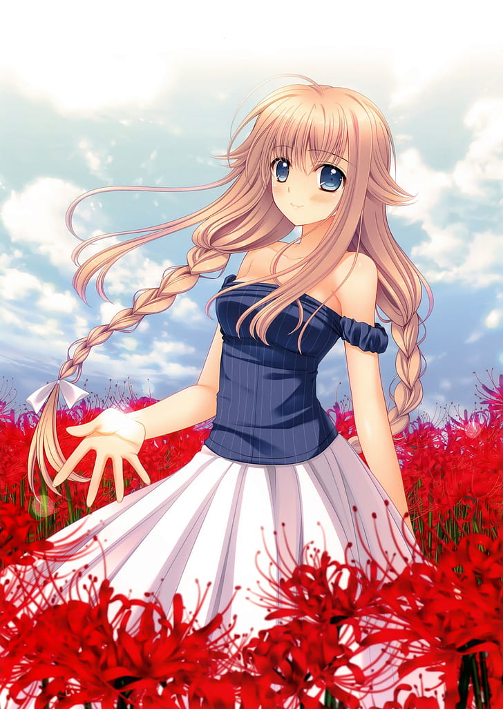anime, anime girls, long hair, blue eyes, flowers, HD wallpaper