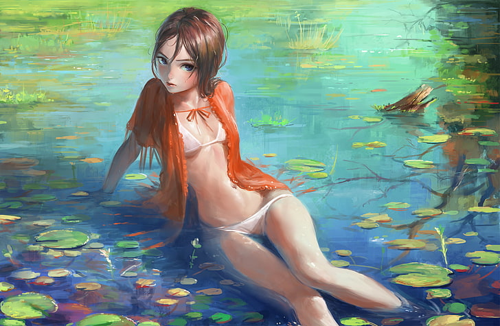 brown haired female painting, bikini, wet, NaBaBa (DeviantArt)