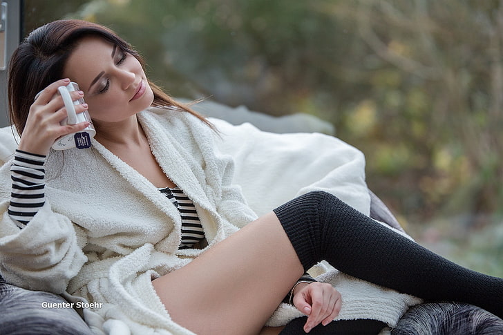 women's white bathrobe, model, long hair, Angelina Petrova, legs