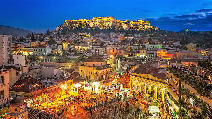 town, city, night, lights, top view, Athens, Greece, night sky