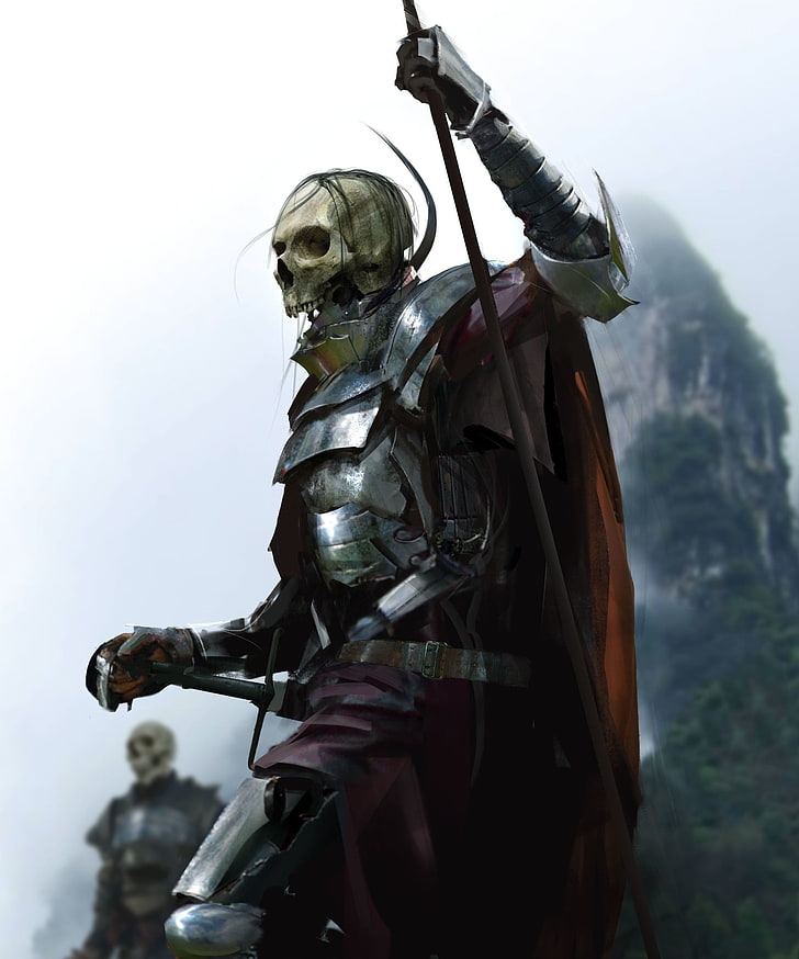 Dead drawing fantasy art skeleton undead armor weapon death 1080P, 2K