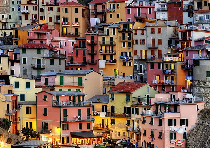 neighborhood houses, city, colorful, Italy, Manarola, architecture, HD wallpaper