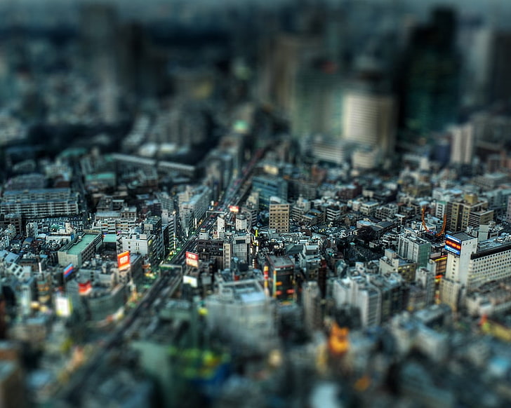 high-rise buildings, tilt shift photography of city model scale