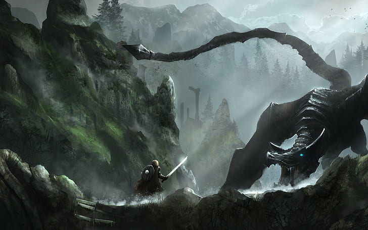 Skyrim, mountains, forest, rocks, dragon