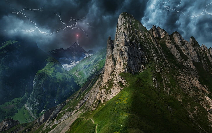 brown and green mountain under thunder clouds, mountains, lightning, HD wallpaper