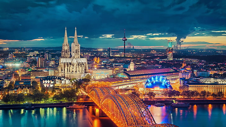 Germany, city, cityscape, Cologne Cathedral, bridge, night