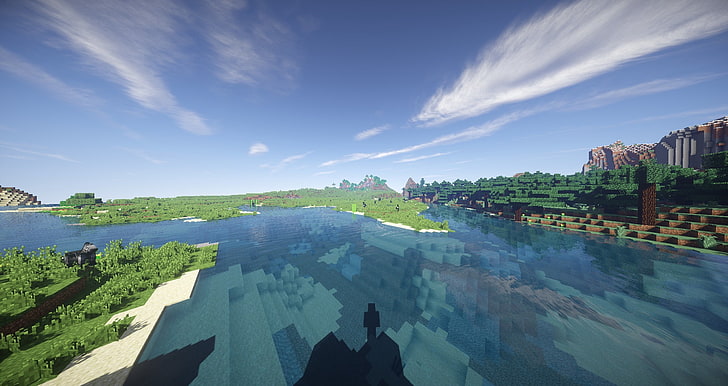 white and blue above ground pool, Minecraft, shaders, sky, water