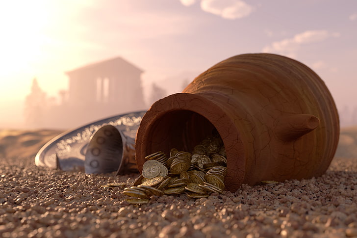 brown clay pot, sand, pebbles, money, bowl, blur, coins, pitcher