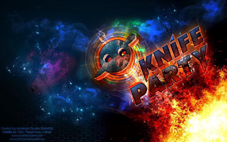 Knife Party illustration, fire, graphics, font, space, abstract